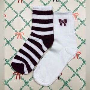 Striped & Bow Crew Socks Set | White & Burgundy | Cute Everyday Socks